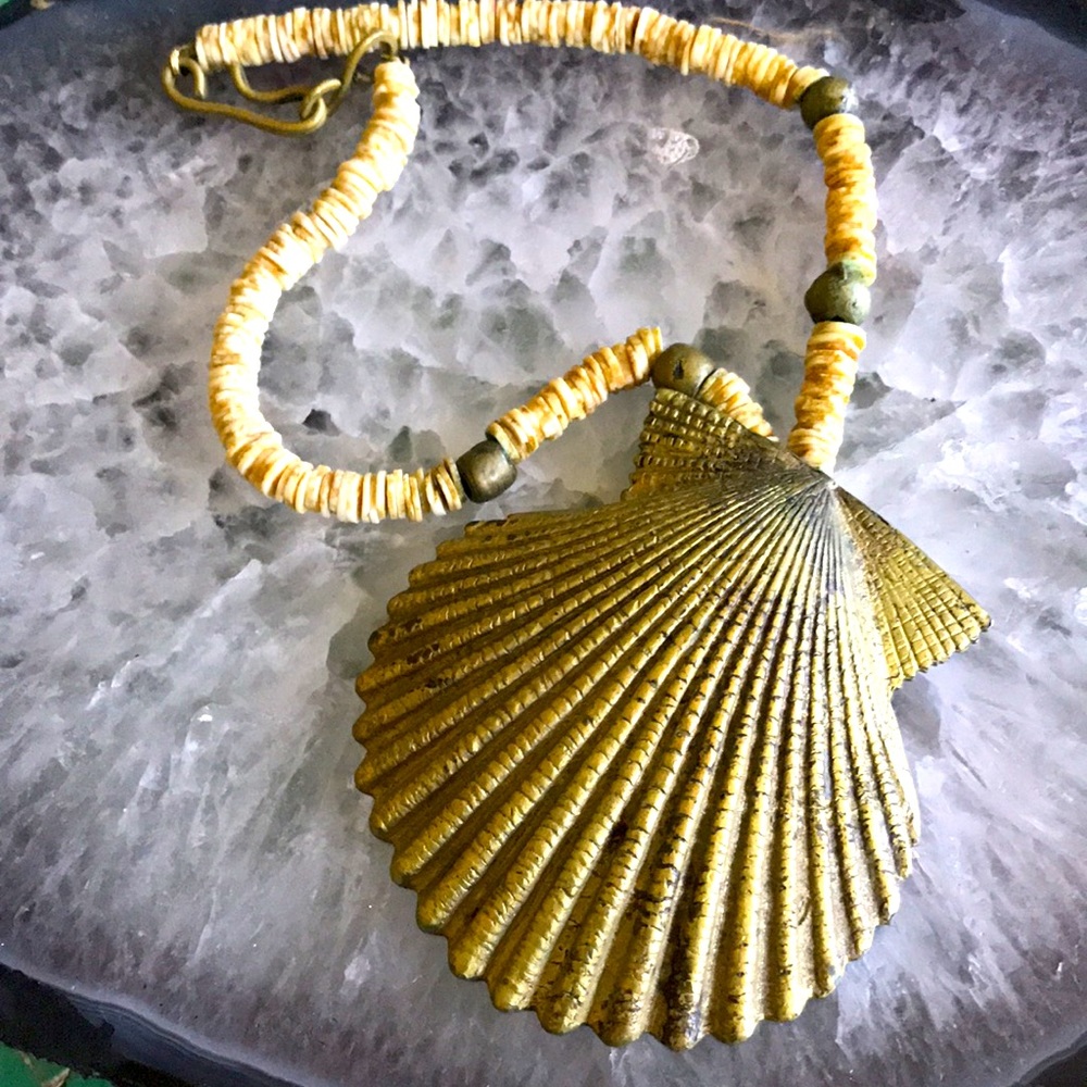 Surfer , brass shell necklace, puka shells, Malibu, SoCal ,beach jewelry